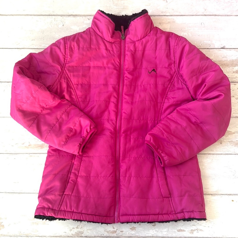 Girls Size 14 Pink Zip Up Velcet Fleece Lined Jacket Winter Coat Quilted Kids